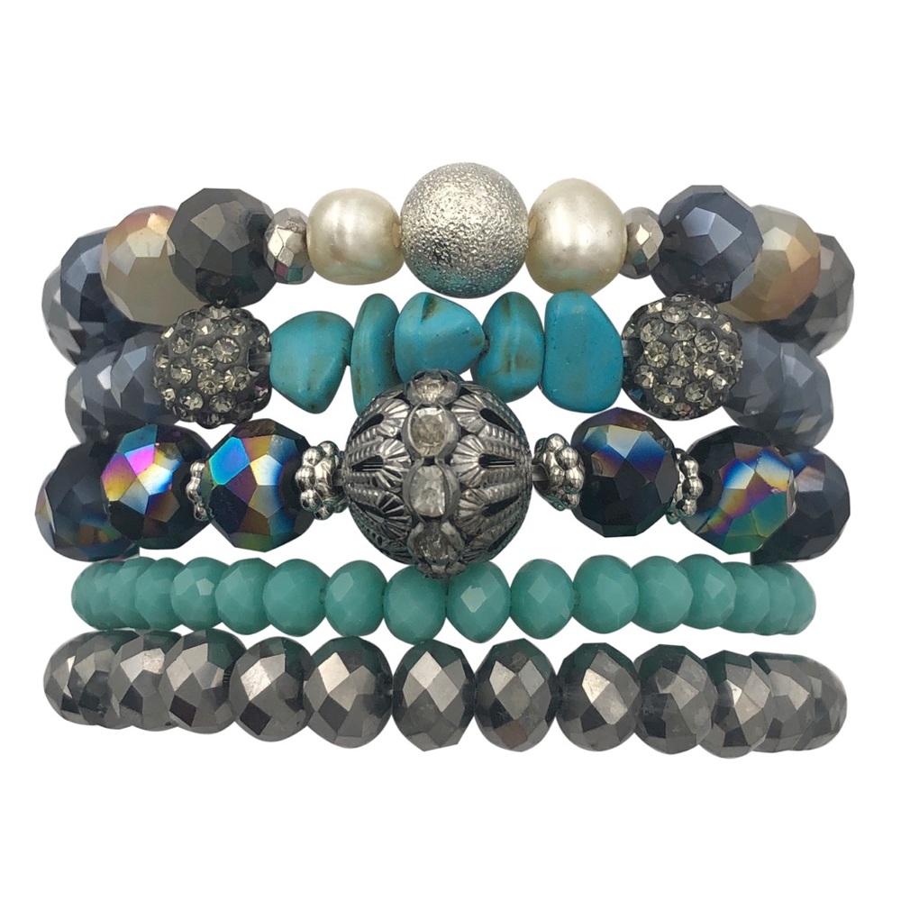 5 Row Glass & Stone Blue Grey Beaded Layered Stretch Bracelets
